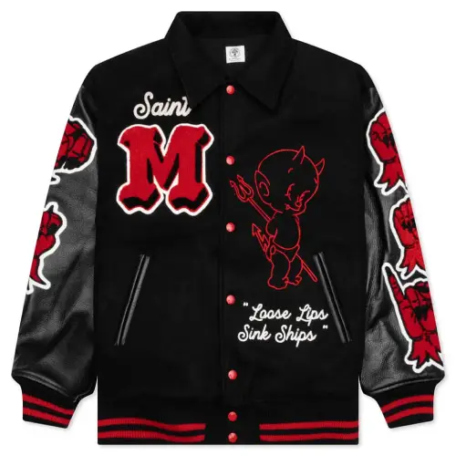 Black Saint Michael Devil Varsity Jacket